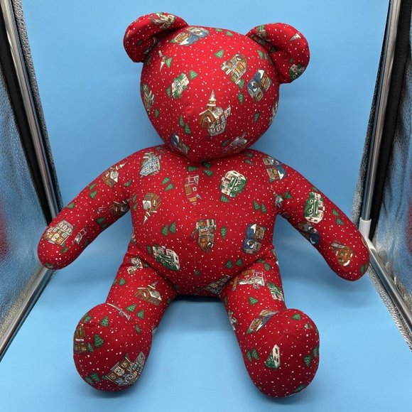 Vintage Faceless Teddy Bear No Face Christmas Tree Plush Houses All Over Print - Picture 1 of 6